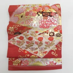 名古屋帯 アンティーク帯 昔名古屋帯 絹 朱色ｘ金色 金糸 風景に花々紋様 お太鼓柄 昔帯 レトロモダン 明治・大正ロマン 長さ309cm