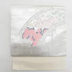 名古屋帯 正絹 白色ｘ銀色ｘピンク色 銀糸 パステル系 お太鼓柄 雲取りに橋に花々紋様 カジュアル 仕立て上がり 着物帯 長さ344cm