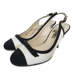 シャネル CHANEL 09P バイカラー スリングバッグ パンプス ココマーク リボン レザー 白 ホワイト 黒 ブラック 36C 23cm ■MNK1