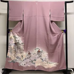 色無地　一つ紋　風景模様　友禅　金彩　松模様　着物　102tz