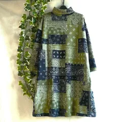新品 裏起毛 あったか ワンピース グリーン系 秋 冬 ペイズリー柄 レディース ゆったりタートル ストレッチ a048 ML