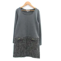 ロペピクニック ROPE Picnic ドッキングワンピース ひざ丈 ラウンドネック 長袖 ツイード 38 M マルチカラー グレー /HO27