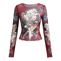 Betty Boop　ベティちゃん　シアートップス　バーガンディ　赤　ベティブープ　シアーシャツ　シアーカットソー　透け感　セクシー　薔薇　バラ柄　大人可愛い　可愛い　アメコミ　キャラクター　平成　レトロ　ギフト　プレゼント　海外製品