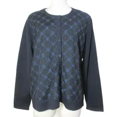 アリスバーリー Aylesbury 美品 大きいサイズ ニット カーディガン フラワー刺繍チュール 長袖 クルーネック LL 紺 ネイビー /X