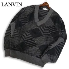 LANVIN Studio ランバン 秋冬 モヘヤ ウール★ 幾何学柄 チェッカー柄 Vネック ニット セーター Sz.50 メンズのサムネイル