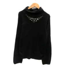 コムサイズム COMME CA ISM カットソー タートルネック 長袖 フェイクパール ラインストーン ビーズ L 黒 ブラック /HO39