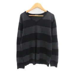 コムサイズム COMME CA ISM ニット カットソー 長袖 Vネック ボーダー柄 M 紺 ネイビー ダークグレー /YK8