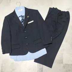 【美品】waltz by BEAMS DESIGN　フォーマル 5点セット　150cm　ジャケット パンツ 長袖シャツ ネクタイ ピンバッジ　ブラック/ブルー　ストライプ　入学 卒業 イベント 発表会　ビームス