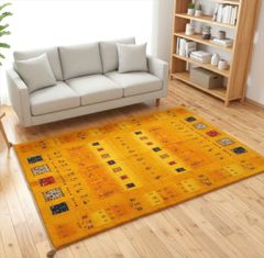 4/5迄メルカリ限定超目ペルシャ ギャッベ　リビング敷き　ラグ　197x150cm　黄金色　パネル RJ10049