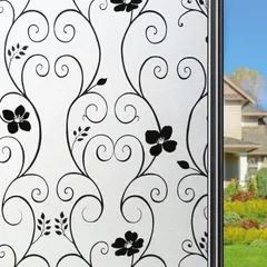 【数量限定】【大人気】黒Ｍ花柄 台風対策 (0.44M 飛散防止 遮光 断熱 窓 玄関 寝室 X 貼り直し可能 UVカット 静電気吸着タイプ 目隠しシート すりガラス調 2M) 窓用フィルム シール ステンドグラス 窓ガラス目隠しフィルム Qualsen