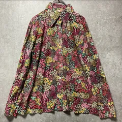 ヴィンテージ　70s 80s レトロポップ　昭和レトロ　古着 長袖シャツ　花柄　フラワー　草花 総柄　バーガンディ　ワインレッド系　シャツ　ブラウス