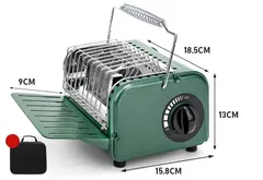 カセットガスストーブ 1台3役 ポータブル 小型 速暖 持ち運び便利 軽量 ファンヒーター アウトドア ハンドル付き 収納袋付き 緑