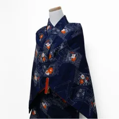小紋　花模様　巻物　楓　ネイビー　着物　091t