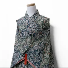 小紋　裂取　唐花模様　唐花模様　グリーン　着物　091t