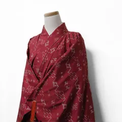 小紋　幾何学模様　六角形　十字　ワインレッド　着物　091t