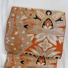 セミアンティーク　唐花模様　華紋　オレンジ　袋帯　着物　101t