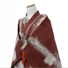 小紋　花模様　縦縞模様　リーフ模様　ブラウン　着物　081t