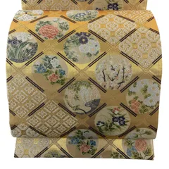 【美品】 袋帯 名品 鈴乃屋 菱天井 草花 金糸 箔 金色 六通 正絹 【中古】
