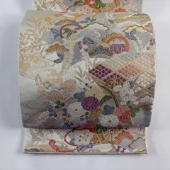 【美品】 袋帯 秀品 彩珠小袖 花車 扇面 刺繍 金銀糸 灰茶 六通 正絹 【中古】