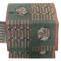 【美品】 名古屋帯 秀品 草花 幾何学模様 灰緑 正絹 【中古】