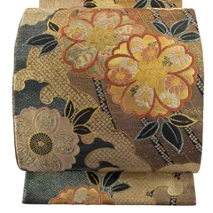 【美品】 袋帯 秀品 落款 振袖向き 桜 波頭 金糸 箔 金茶 六通 正絹 【中古】