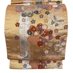 袋帯 秀品 桜 蝶 金糸 箔 金色 六通 正絹 【中古】