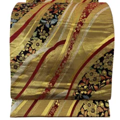 袋帯 秀品 振袖向き 桜 幾何学 金糸 箔 金色 六通 正絹 【中古】