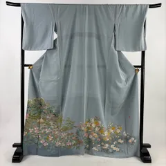 色留袖 身丈168cm 裄丈69.5cm L 袷 落款 風景 樹木 ぼかし 青灰色 正絹 秀品 一つ紋 【中古】