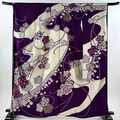 振袖 身丈163.5cm 裄丈67cm M 袷 梅 唐草 銀通し 金糸 クリーム 正絹 逸品 【中古】