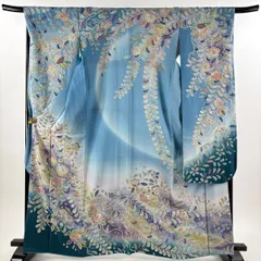 振袖 身丈165cm 裄丈69.5cm L 袷 辻が花 銀通し ぼかし 水色 正絹 逸品 【中古】