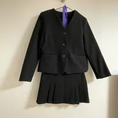 ノーカラー ウール ジャケット スカート セットアップ (ブラック)