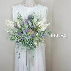 【ラベンダーとグリーンのクラッチブーケ】ウェディングブーケ&ブートニア n825