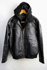 1990年代 GUESS ゲス レイヤード パーカー付き レザージャケット【L】（【XL】相当）【中古】【メンズ】 ライダース【古着】男性【レディース】【ヴィンテージ】 【ビンテージ】アメカジ バイク バイカー 90's 90s 90年代 80年代 オールド