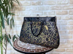 がま口3wayバッグ《38cm口金・本革持ち手付き》｜A4対応＊通勤通学にうれしい大容量ブラック合皮生地⭐︎ゴールド花柄