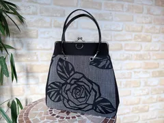 新作｜黒バラモチーフのシックな3wayがま口バッグ＊A4対応＊ブラック｜トート・リュック・ショルダーバッグ