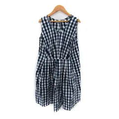 アズノウアズ ドゥバズ as know as de base ワンピース ひざ丈 ノースリーブ Vネック ギンガムチェック柄 ペチコート付き 紺 ネイビー 白 ホワイト /SY1