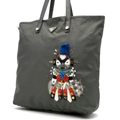 正規品 PRADA プラダ トートバッグ ロボット スタッズ ストーン パッチワーク ビジュー ナイロン レザー 白タグ 肩掛け可 大容量 希少 レア レディース グレー