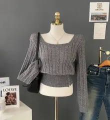 ケーブルニット長袖Tシャツ スクエアネック