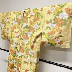 紬　単衣　花模様　小紋　イエローカラー　着物　043t
