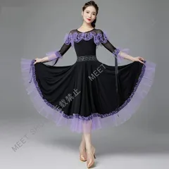 大人気商品★社交ダンス ドレス 練習着 スタンダード ドレス パーティー フリル ワンピース 長袖 舞台 豪華 発表会 ワルツ 団体 デモ パープル 赤 S M L 2L 3Lグローリー CLF116P021