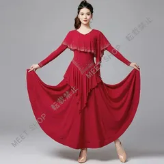 大人気商品★社交ダンス ドレス 練習着 スタンダード ドレス パーティー 長袖 フリル 社交ダンス衣装 ワンピース 舞台 豪華 発表会 ワルツ 団体 デモ 赤 ネイビー S M L 2L 3Lグロー CLF116P025