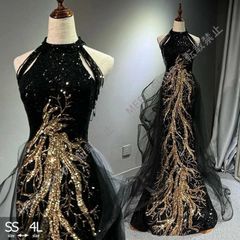 スパンコールオフショルダーイブニングドレス ✧ ブラックロング丈