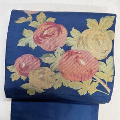 名古屋帯 花模様 リーフ模様 ネイビー 着物 111t - メルカリ