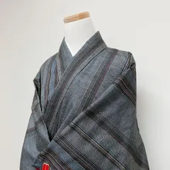 小紋　縦縞模様　カラフル　亀甲　ネイビー　レッド裏地　着物　111t