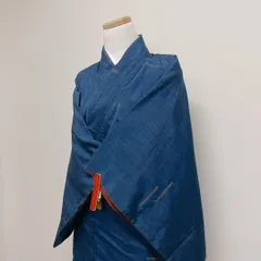 小紋　縦縞模様　カラフル　ネイビー　ワインレッド裏地　着物　101t