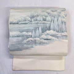 夏物 八寸名古屋帯 麻 中古 手描友禅 生成り すすき カジュアル tj355