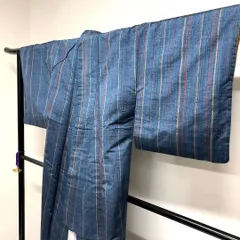 小紋　紬　縦縞　ブルーカラー　正絹　着物　082tz