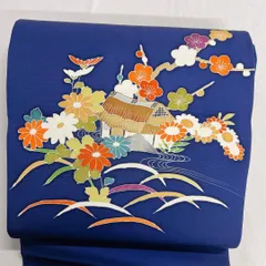 名古屋帯　金駒刺繍　梅花　菊花　芝草　流線模様　小屋　ブルー　着物　112t