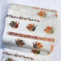 名古屋帯　正絹　金糸　銀糸　蝶　横縞　紗綾形　花模様　着物　075tz
