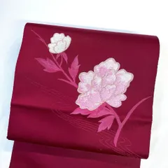 名古屋帯　正絹　ビーズ刺繍　花模様　流水　ワインレッド　着物　074tz
